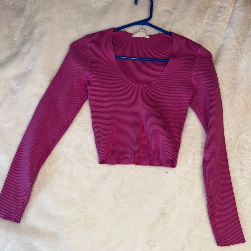 Women's Pink V-Neck Ribbed Top